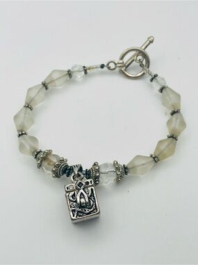 Frosted Crystal Bead Bracelet with Prayer Box Charm and Toggle Closure. 6 1/2 in